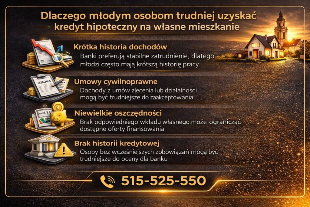 Infografika wyjaśniająca dlaczego osoby rozpoczynające karierę zawodową mają trudniej z uzyskaniem kredytu hipotecznego. Grafika pokazuje krótką historię dochodów, brak historii kredytowej, umowy cywilnoprawne oraz niewielkie oszczędności na wkład własny.