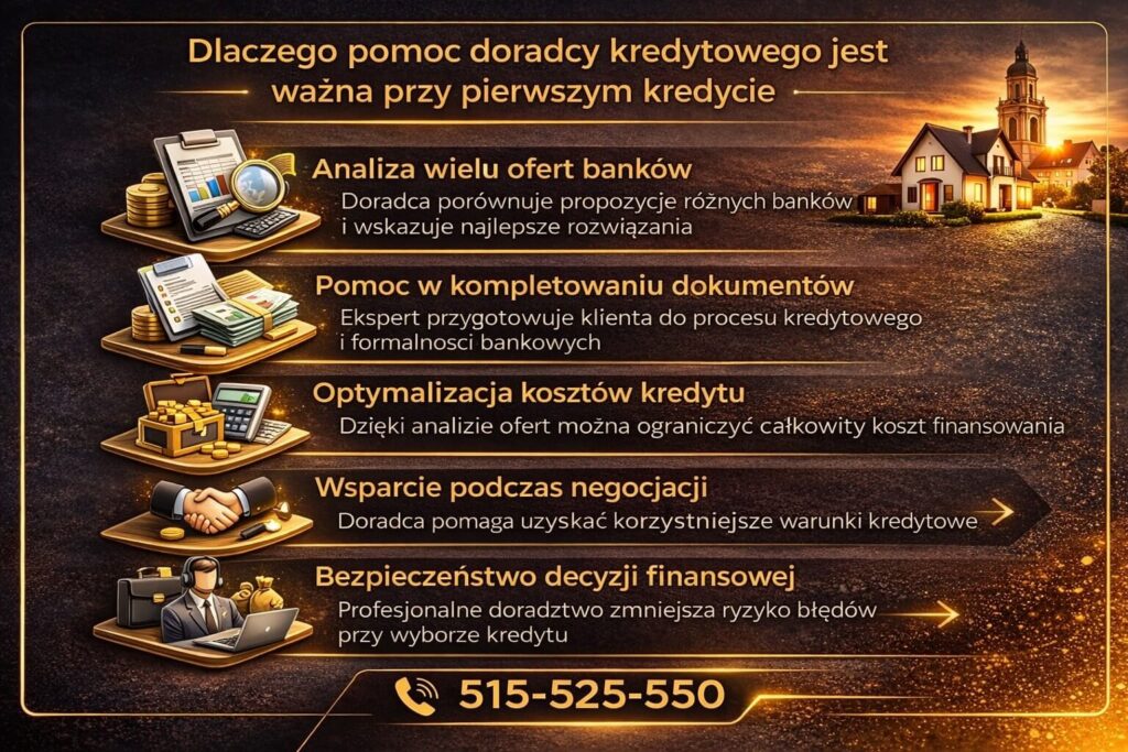 Infografika wyjaśniająca, dlaczego pomoc doradcy finansowego jest ważna przy pierwszym kredycie dla młodych. Grafika pokazuje analizę ofert banków, pomoc w kompletowaniu dokumentów, negocjowanie warunków kredytu hipotecznego oraz optymalizację całkowitego kosztu finansowania.