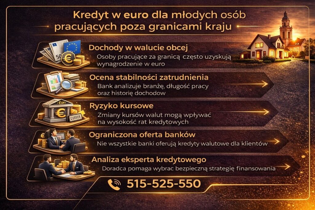 Infografika opisująca możliwości finansowania mieszkania dla młodych osób pracujących za granicą. Grafika pokazuje dochody w euro, analizę stabilności zatrudnienia, ryzyko kursowe oraz rolę eksperta kredytowego przy wyborze kredytu hipotecznego w walucie obcej.