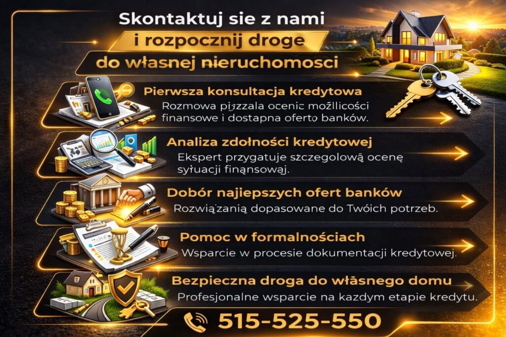 Infografika zachęcająca do kontaktu z doradcą kredytowym w sprawie finansowania pierwszego mieszkania. Grafika pokazuje analizę zdolności kredytowej, dobór najlepszych ofert banków, pomoc w formalnościach oraz bezpieczną drogę do zakupu własnej nieruchomości.