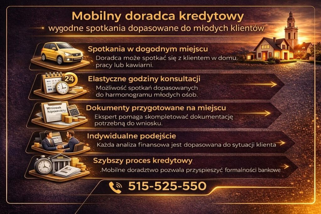 Infografika przedstawiająca mobilnego doradcę kredytowego i wygodne spotkania przy wyborze finansowania nieruchomości dla młodych klientów. Grafika pokazuje spotkania w domu lub pracy, elastyczne godziny konsultacji oraz pomoc w przygotowaniu dokumentów kredytowych.