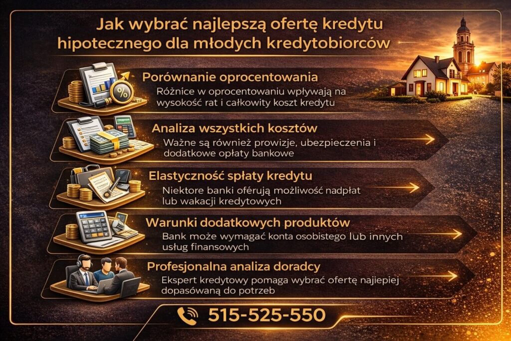 Infografika pokazująca jak wybrać najlepszą ofertę kredytu hipotecznego dla młodych. Grafika prezentuje porównanie oprocentowania, analizę wszystkich kosztów kredytu, elastyczność spłaty oraz rolę doradcy kredytowego w wyborze najkorzystniejszej oferty bankowej.