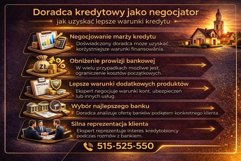 Infografika pokazująca rolę doradcy kredytowego jako negocjatora przy uzyskiwaniu korzystniejszych warunków kredytu hipotecznego dla pierwszego mieszkania. Grafika przedstawia negocjowanie marży, obniżenie prowizji bankowej oraz wybór najlepszego banku.