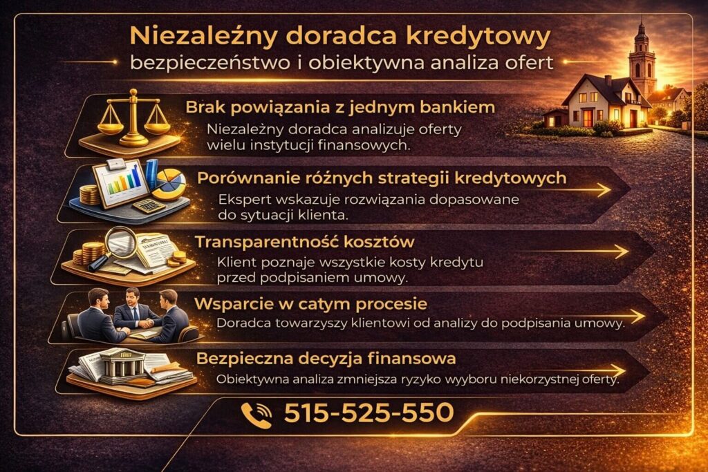 Infografika pokazująca zalety współpracy z niezależnym doradcą kredytowym przy finansowaniu pierwszego mieszkania. Grafika przedstawia analizę ofert wielu banków, transparentność kosztów kredytu, wsparcie w całym procesie oraz bezpieczne podjęcie decyzji finansowej.