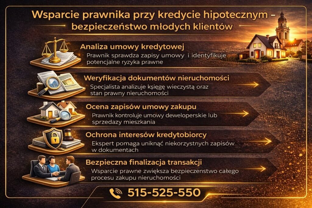Infografika pokazująca znaczenie wsparcia prawnika przy kredycie hipotecznym dla młodych klientów. Grafika przedstawia analizę umowy kredytowej, sprawdzenie dokumentów nieruchomości, ocenę zapisów umowy zakupu oraz ochronę interesów kredytobiorcy w procesie finansowania mieszkania.