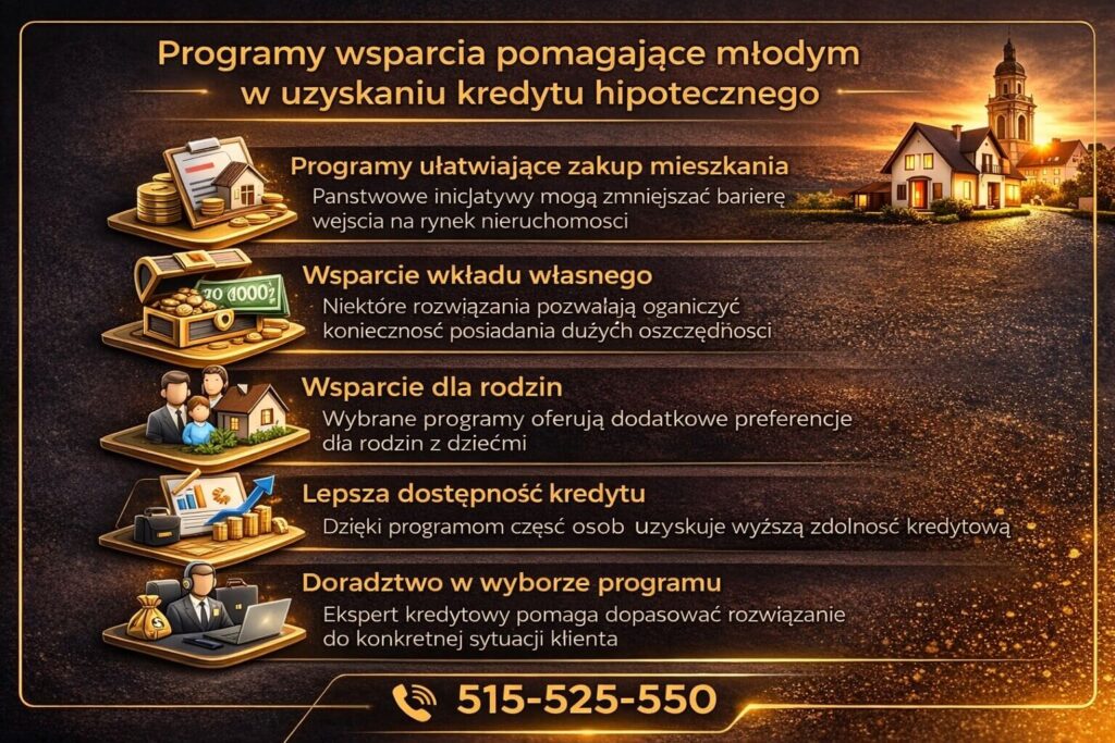 Infografika przedstawiająca programy wsparcia pomagające uzyskać kredyt dla młodych. Grafika pokazuje dopłaty państwowe, wsparcie wkładu własnego, preferencje dla rodzin oraz rolę doradcy kredytowego przy wyborze najlepszego finansowania zakupu pierwszego mieszkania.