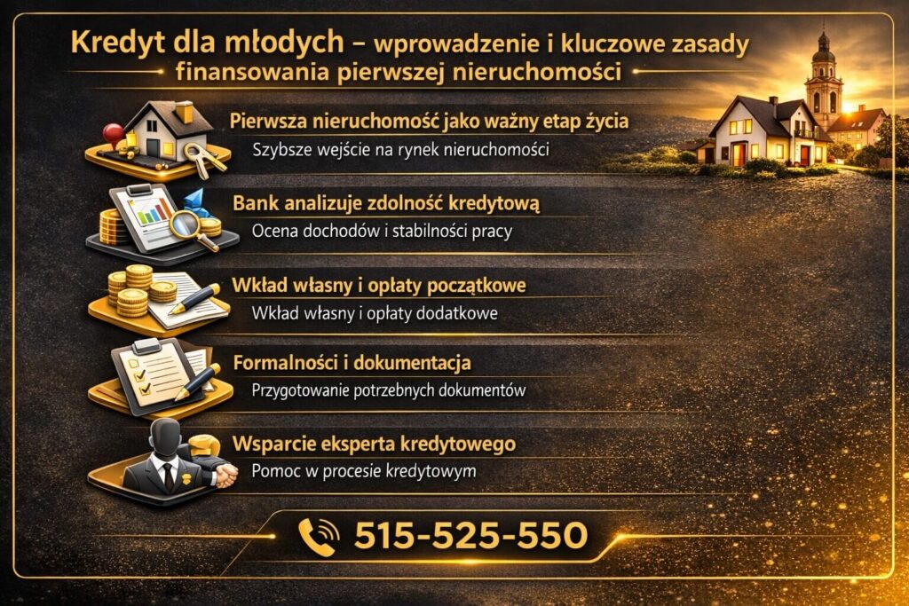Infografika wprowadzająca do tematu finansowania pierwszego mieszkania przez młodych kredytobiorców. Grafika pokazuje analizę zdolności kredytowej, wkład własny, formalności bankowe oraz wsparcie eksperta kredytowego przy całym procesie zakupu nieruchomości.