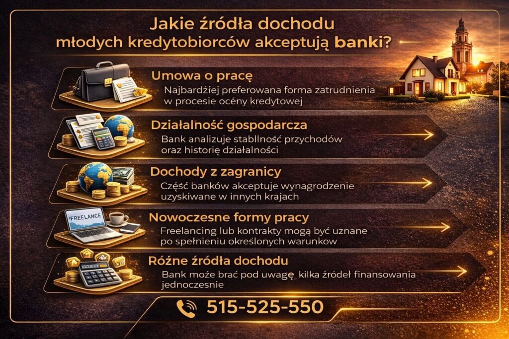 Infografika przedstawiająca jakie źródła dochodu banki akceptują przy wniosku o kredyt dla młodych. Grafika pokazuje umowę o pracę, działalność gospodarczą, dochody z zagranicy, freelancing oraz możliwość łączenia kilku źródeł dochodu w celu zwiększenia zdolności kredytowej.
