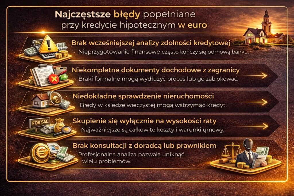 Infografika przedstawiająca najczęstsze błędy popełniane przy ubieganiu się o kredyt hipoteczny w euro, takie jak brak analizy zdolności kredytowej, niekompletne dokumenty z zagranicy czy skupienie się tylko na racie. Grafika pokazuje także znaczenie konsultacji z doradcą i sprawdzenia nieruchomości.