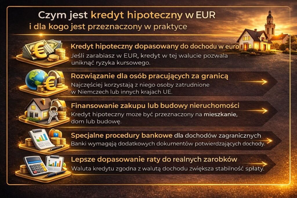 Grafika informacyjna wyjaśniająca czym jest kredyt hipoteczny w euro oraz dla kogo jest przeznaczony w praktyce. Infografika pokazuje finansowanie nieruchomości dla osób zarabiających w EUR, specjalne procedury bankowe dla dochodów zagranicznych oraz dopasowanie raty do waluty dochodu.