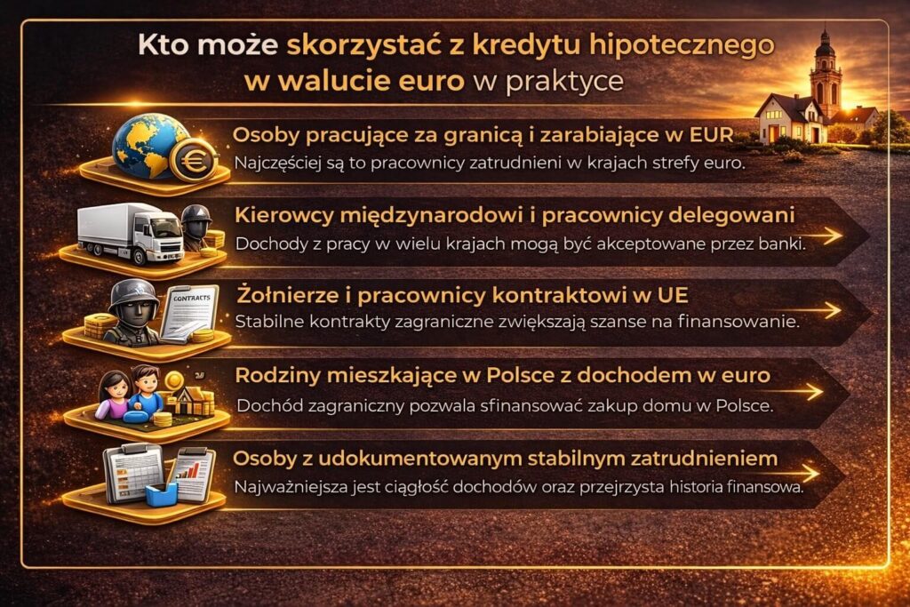Infografika pokazująca kto może skorzystać z kredytu hipotecznego w euro, w tym osoby pracujące za granicą, kierowcy międzynarodowi, pracownicy kontraktowi w UE oraz rodziny mieszkające w Polsce z dochodem w EUR. Grafika przedstawia także znaczenie stabilnego zatrudnienia.