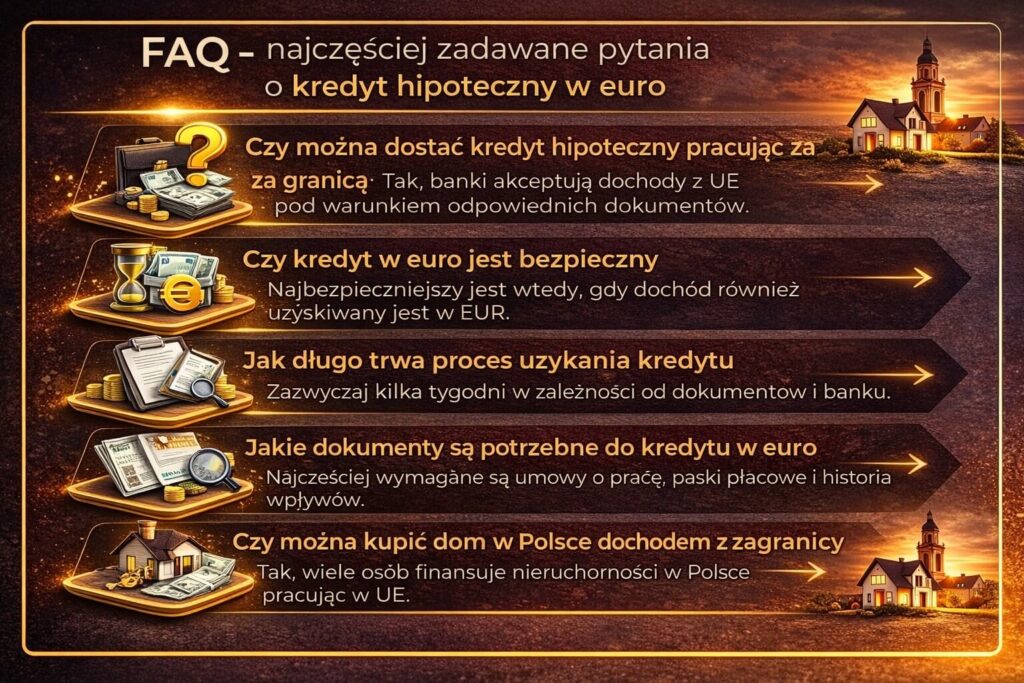Infografika FAQ dotycząca kredytu hipotecznego w euro zawierająca odpowiedzi na najczęściej zadawane pytania. Grafika wyjaśnia czy można dostać kredyt pracując za granicą, jak długo trwa proces kredytowy, jakie dokumenty są wymagane oraz czy dochód w euro pozwala kupić nieruchomość w Polsce.