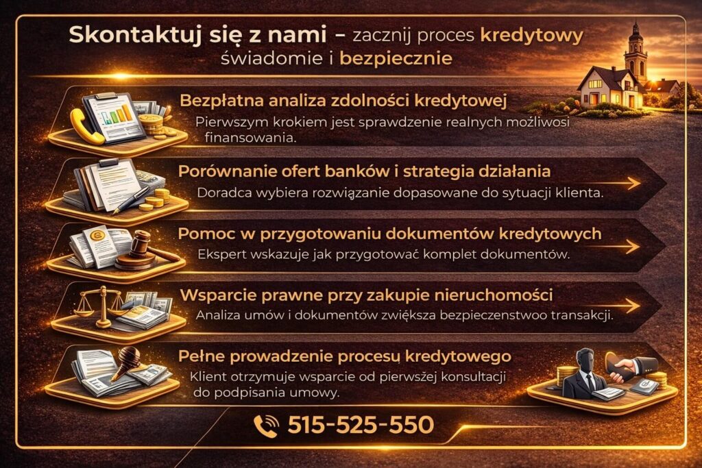Grafika zachęcająca do kontaktu w sprawie kredytu hipotecznego w euro. Infografika prezentuje proces współpracy z doradcą, w tym analizę zdolności kredytowej, porównanie ofert banków, pomoc w dokumentach oraz wsparcie prawne przy zakupie nieruchomości i finalizacji umowy kredytowej.