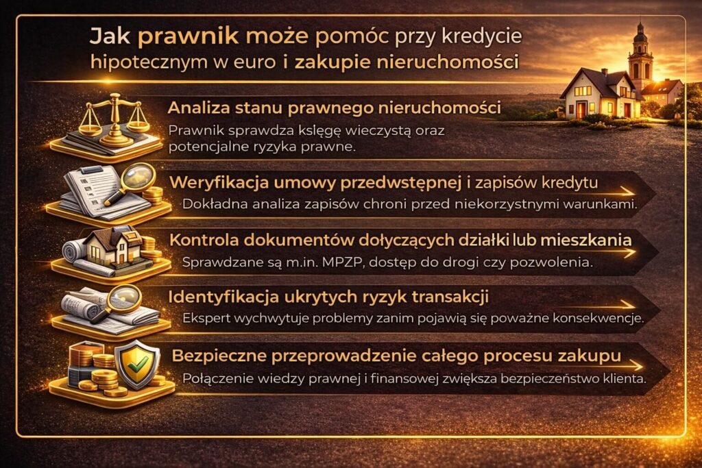 Infografika pokazująca jak pomoc prawnika wspiera uzyskanie finansowania hipotecznego w walucie euro. Grafika prezentuje analizę księgi wieczystej, weryfikację umowy przedwstępnej, kontrolę dokumentów działki oraz identyfikację ryzyk prawnych podczas zakupu nieruchomości.