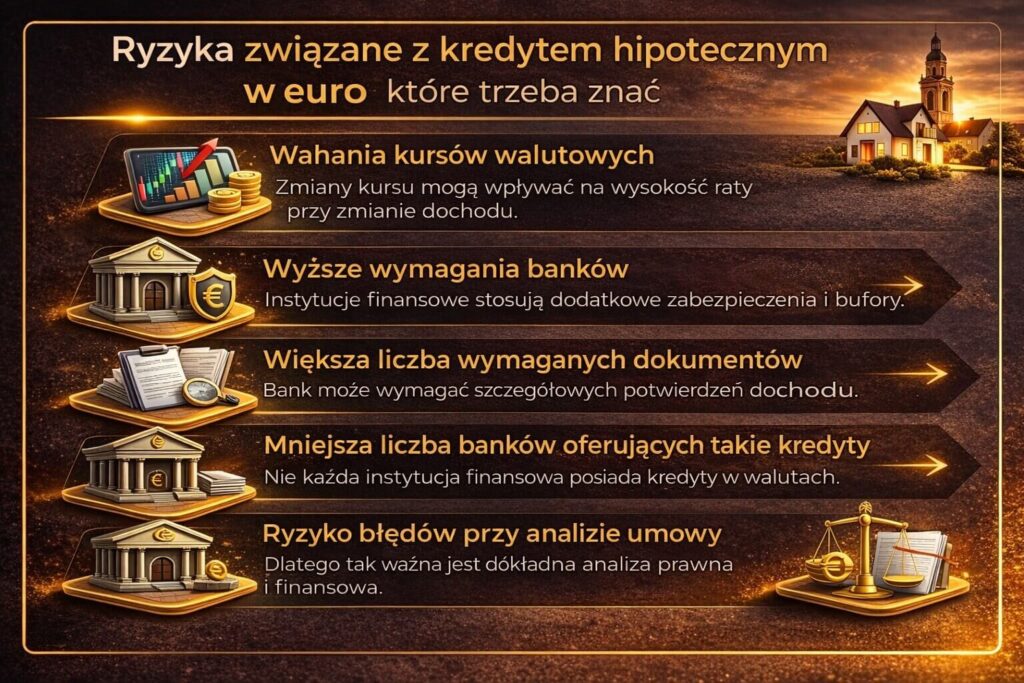 Infografika przedstawiająca ryzyka związane z hipotecznym kredytem w walucie euro. Grafika pokazuje wpływ wahań kursów walutowych, dodatkowe wymagania banków, większą liczbę dokumentów oraz konieczność dokładnej analizy umowy kredytowej przed podpisaniem finansowania.