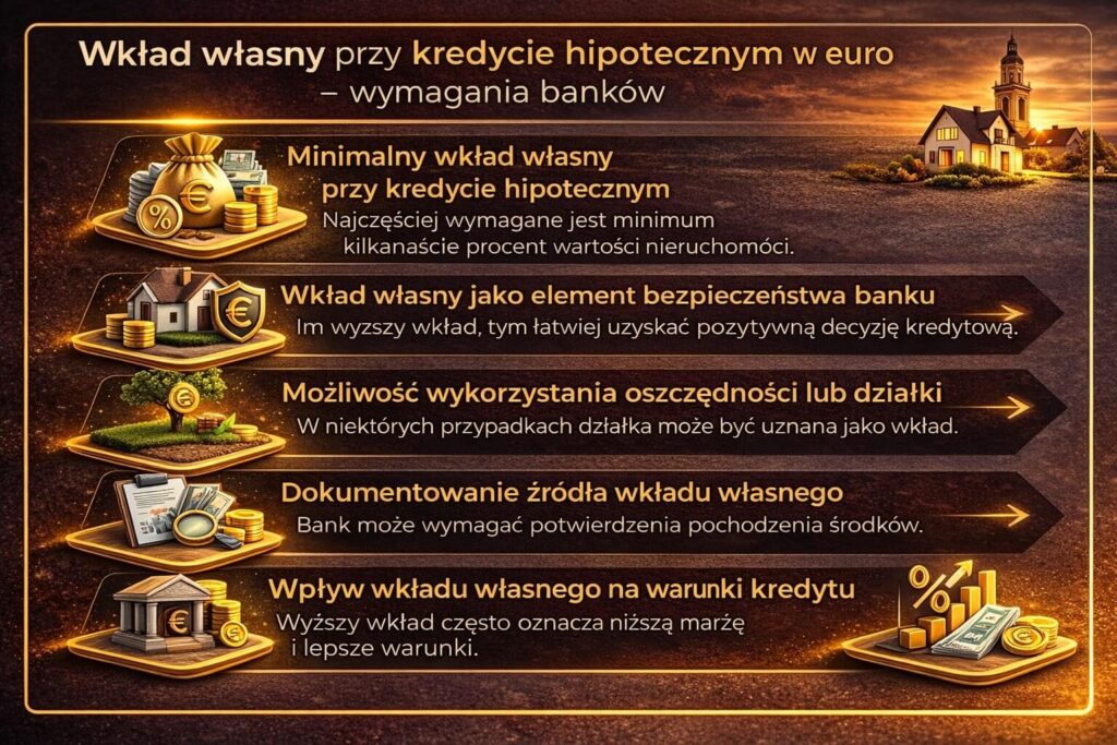Infografika wyjaśniająca wymagania dotyczące wkładu własnego przy finansowaniu hipotecznym w euro. Grafika przedstawia minimalny poziom wkładu własnego, możliwość wykorzystania działki lub oszczędności oraz wpływ wysokości wkładu na marżę banku i warunki kredytu.