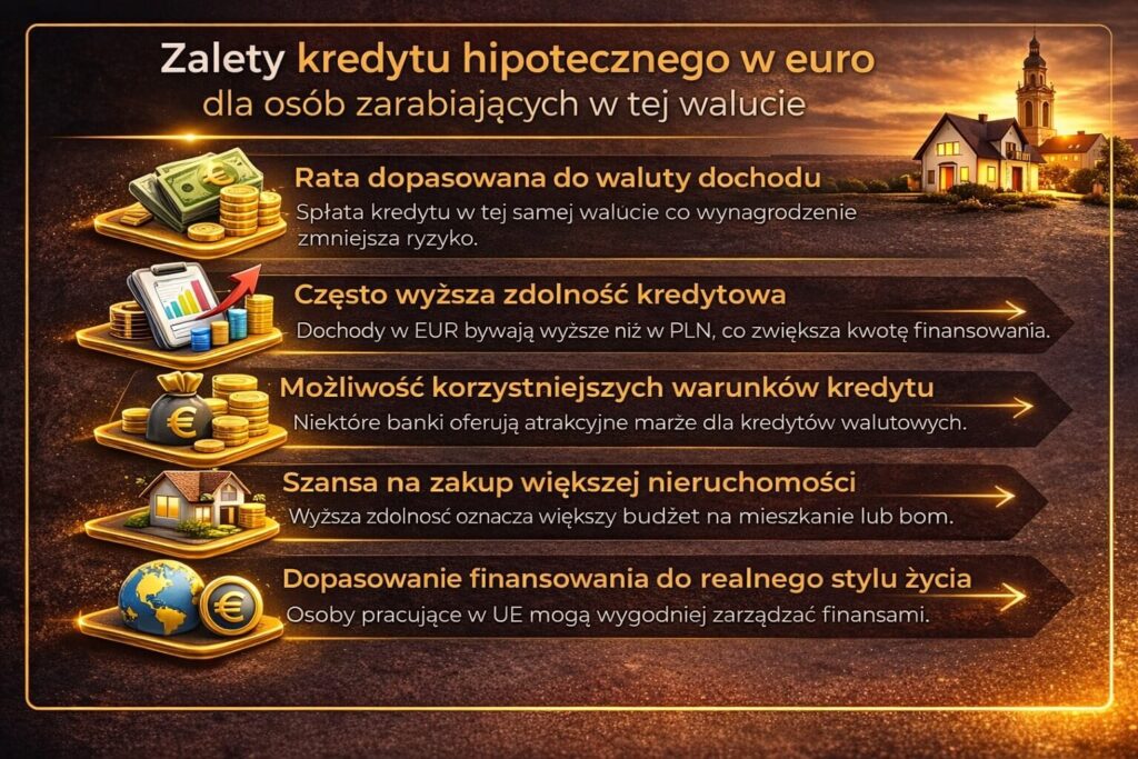 Infografika prezentująca zalety finansowania zakupu nieruchomości kredytem hipotecznym w walucie euro dla osób zarabiających w EUR. Grafika pokazuje większą zdolność kredytową, lepsze dopasowanie raty do dochodu oraz możliwość uzyskania korzystniejszych warunków w bankach.
