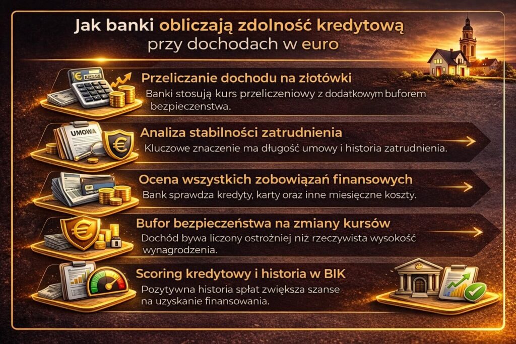 Infografika pokazująca jak banki obliczają zdolność kredytową przy dochodach w euro. Grafika wyjaśnia przeliczanie dochodu na złotówki, analizę stabilności zatrudnienia, ocenę zobowiązań finansowych oraz znaczenie historii kredytowej w BIK przy ubieganiu się o finansowanie.