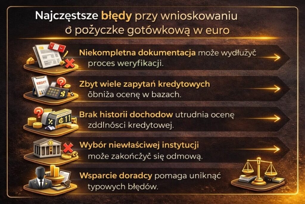 Najczęstsze błędy przy ubieganiu się o kredyt gotówkowy przy dochodach w euro. Infografika pokazuje problemy takie jak niekompletna dokumentacja, zbyt wiele zapytań kredytowych, brak historii dochodów oraz wybór niewłaściwej instytucji finansowej.