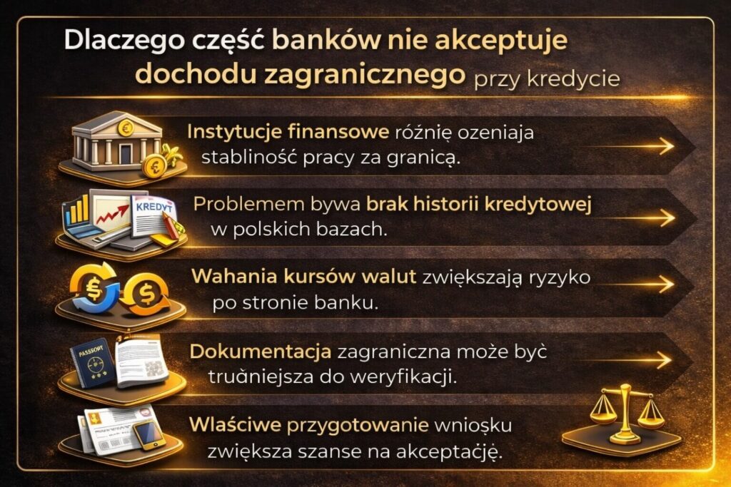 Dlaczego część banków nie akceptuje dochodu zagranicznego przy finansowaniu gotówkowym w euro. Grafika pokazuje wpływ braku historii kredytowej w Polsce, ryzyko kursowe oraz trudniejszą weryfikację zagranicznych dokumentów dochodowych.