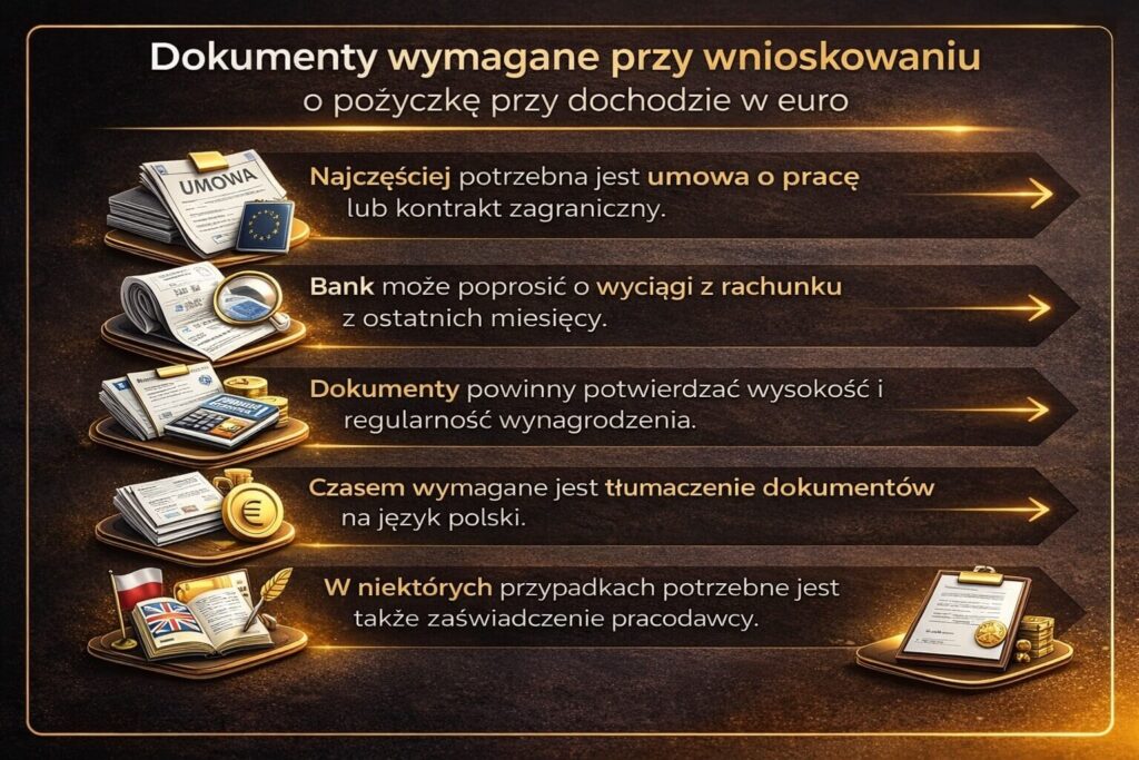 Dokumenty wymagane przy wnioskowaniu o pożyczkę gotówkową EUR dla osób pracujących za granicą. Grafika pokazuje umowę o pracę lub kontrakt zagraniczny, wyciągi bankowe, potwierdzenie dochodów w euro oraz możliwość konieczności tłumaczenia dokumentów i dostarczenia zaświadczenia pracodawcy.