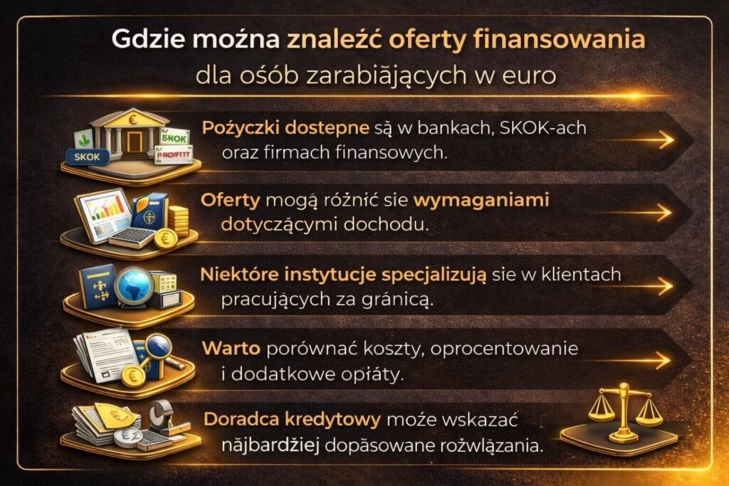 Gdzie można znaleźć ofertę pożyczki gotówkowej EUR dla osób pracujących za granicą. Grafika prezentuje banki, SKOK-i oraz instytucje finansowe oferujące finansowanie przy dochodzie w euro oraz podkreśla znaczenie porównania kosztów, oprocentowania i warunków umowy przed wyborem oferty.