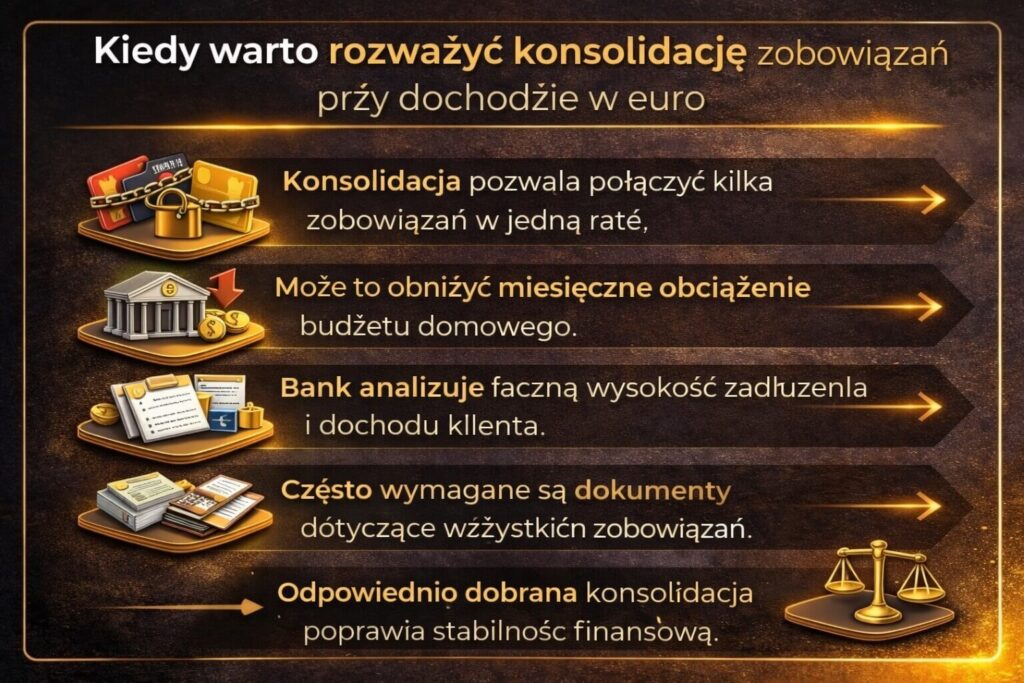Kiedy warto rozważyć konsolidację zobowiązań przy pożyczce gotówkowej EUR. Infografika przedstawia możliwość połączenia kilku kredytów w jedną ratę, analizę zadłużenia przez bank oraz wpływ konsolidacji na stabilność finansową i zmniejszenie miesięcznego obciążenia budżetu domowego.