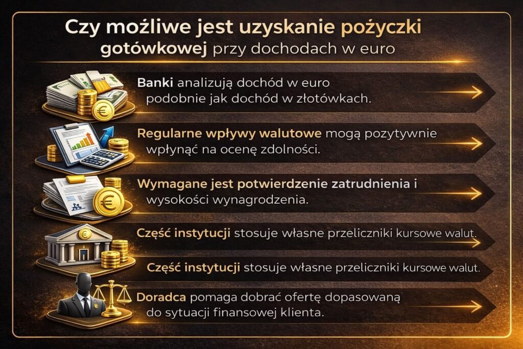 Czy możliwe jest uzyskanie pożyczki gotówkowej przy dochodach w euro. Infografika pokazuje analizę wpływów walutowych przez banki, konieczność potwierdzenia zatrudnienia oraz rolę doradcy finansowego w dopasowaniu oferty kredytowej do sytuacji klienta pracującego za granicą.