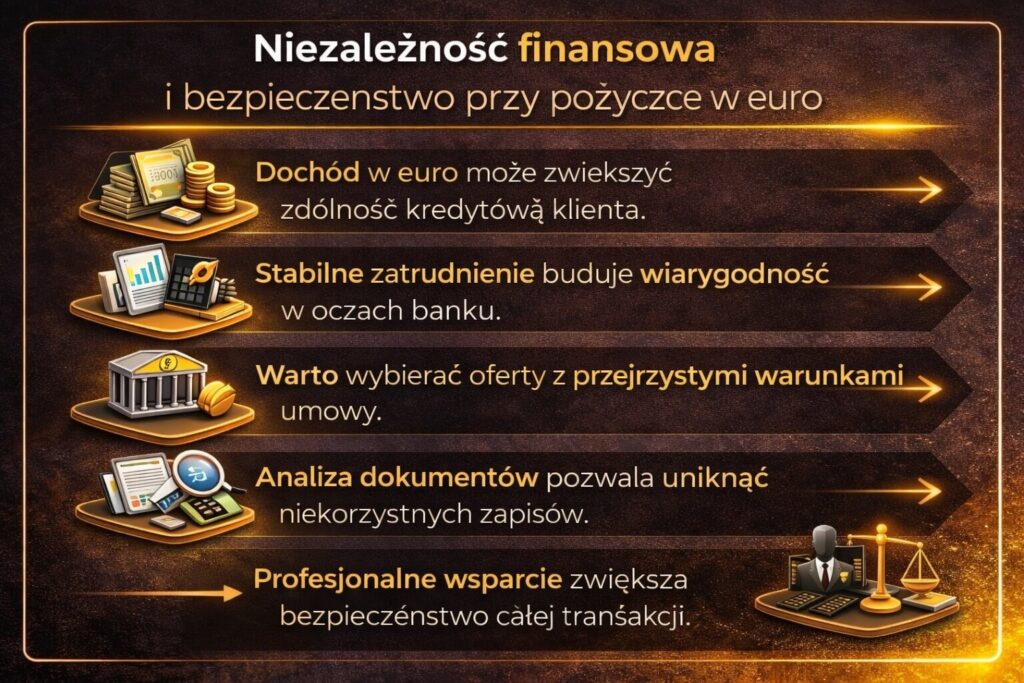 Bezpieczeństwo finansowe i przejrzystość umowy przy finansowaniu gotówkowym dla osób zarabiających w euro. Grafika pokazuje znaczenie stabilnego zatrudnienia, analizy dokumentów kredytowych oraz wsparcia eksperta finansowego zwiększającego bezpieczeństwo całej transakcji.