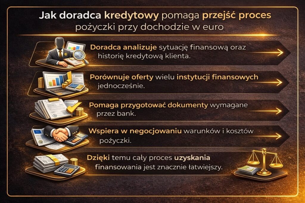 Jak doradca kredytowy pomaga przejść proces uzyskania pożyczki przy dochodzie w euro. Infografika pokazuje analizę sytuacji finansowej klienta, porównanie ofert banków, przygotowanie dokumentów kredytowych oraz wsparcie w negocjowaniu warunków finansowania.
