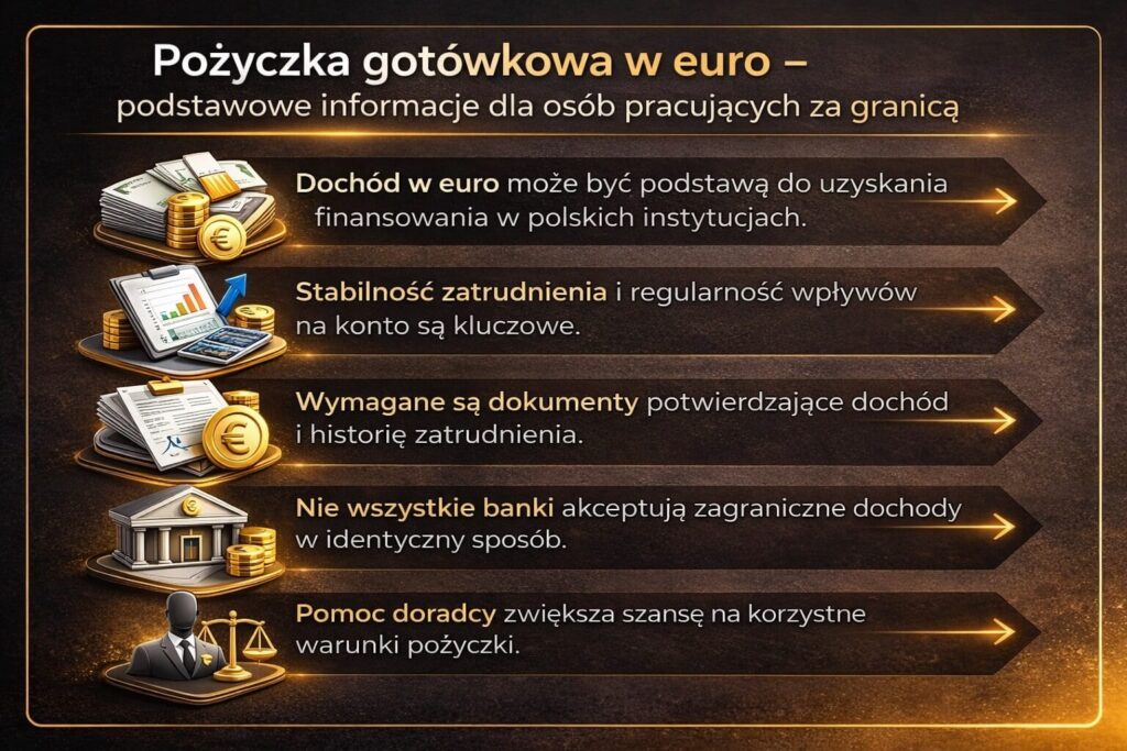 Podstawowe informacje o pożyczce gotówkowej dla osób pracujących za granicą i zarabiających w euro. Grafika przedstawia znaczenie stabilnych wpływów na konto, wymagane dokumenty dochodowe oraz różnice w podejściu banków do zagranicznych źródeł dochodu.