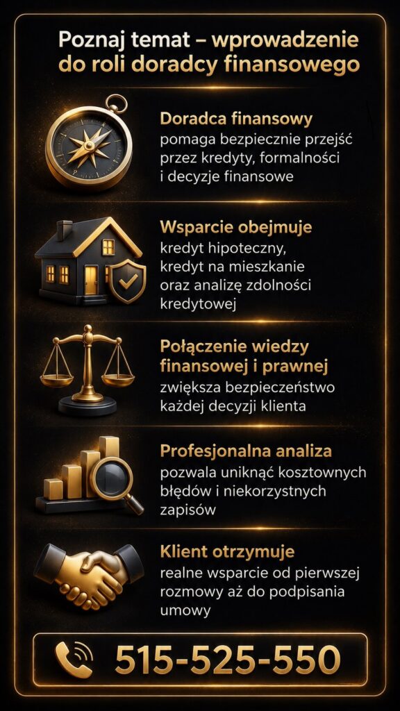 Doradca finansowy wyjaśnia rolę eksperta kredytowego i prawnego podczas procesu uzyskania kredytu hipotecznego. Grafika pokazuje wsparcie w analizie zdolności kredytowej, bezpieczeństwo decyzji finansowych oraz pomoc klientom przy zakupie nieruchomości.