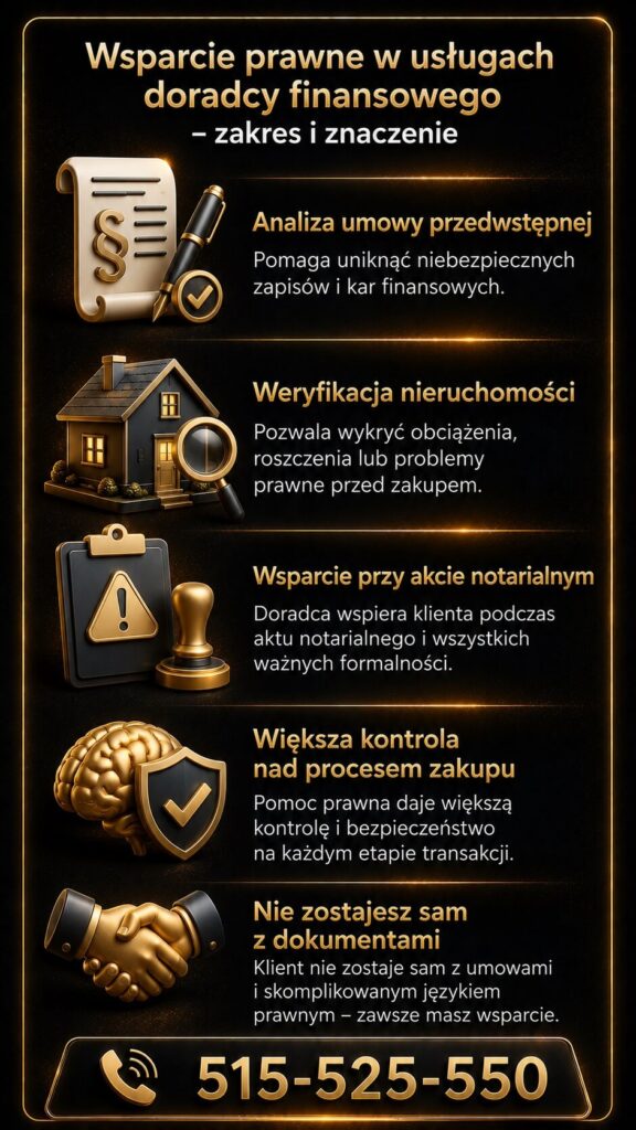 Doradca finansowy zapewnia wsparcie prawne przy analizie umowy przedwstępnej, weryfikacji nieruchomości i akcie notarialnym. Grafika przedstawia większą kontrolę nad procesem zakupu mieszkania oraz bezpieczeństwo kredytowe klienta.