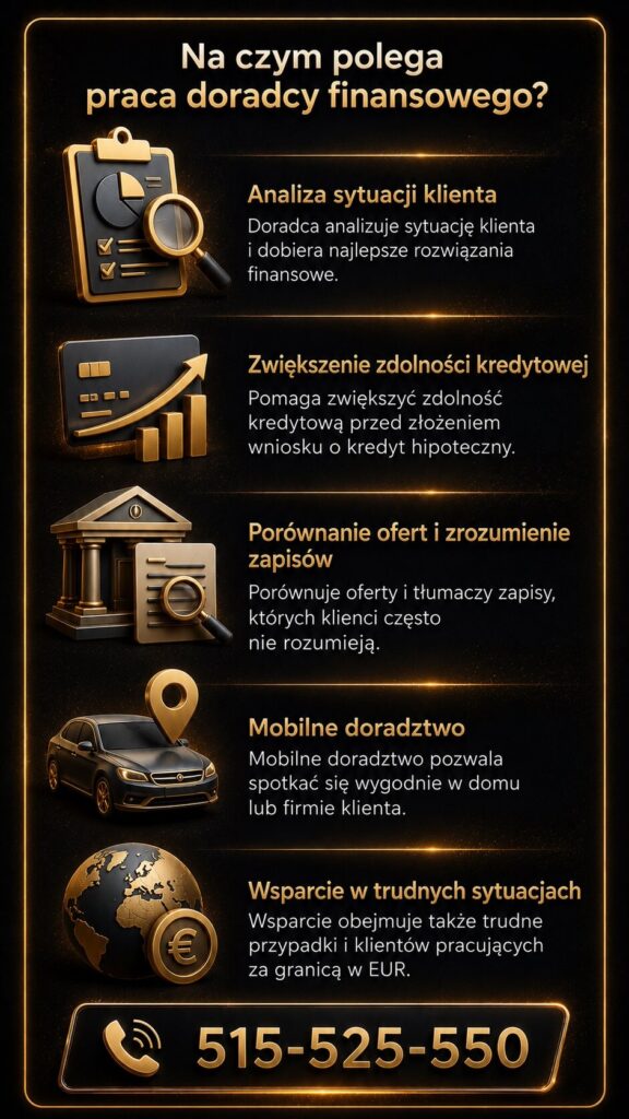 Doradca finansowy pomaga analizować sytuację klienta, zwiększać zdolność kredytową oraz porównywać oferty kredytów hipotecznych. Infografika przedstawia mobilne doradztwo, wsparcie klientów pracujących za granicą oraz profesjonalną analizę finansową.