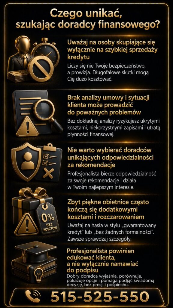 Specjalista kredytowy ostrzega przed nieuczciwymi praktykami przy wyborze kredytu hipotecznego i doradcy finansowego. Grafika pokazuje ryzyko ukrytych kosztów, braku analizy umowy oraz niebezpiecznych obietnic bez formalności.