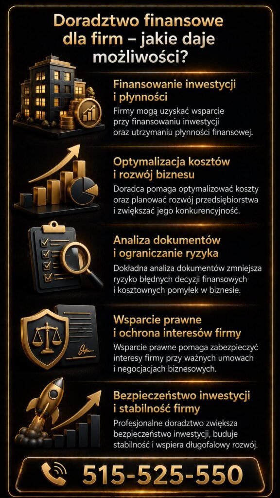 Doradca finansowy dla firm wspiera przedsiębiorców w finansowaniu inwestycji, optymalizacji kosztów i analizie dokumentów. Grafika przedstawia wsparcie prawne, ochronę interesów firmy oraz bezpieczny rozwój biznesu i stabilność finansową przedsiębiorstwa.