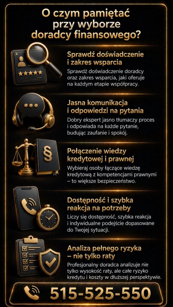 Ekspert kredytowy pomaga wybrać bezpieczne doradztwo finansowe dzięki doświadczeniu, jasnej komunikacji i analizie ryzyka kredytowego. Grafika przedstawia połączenie wiedzy prawnej i finansowej oraz indywidualne podejście do klienta.