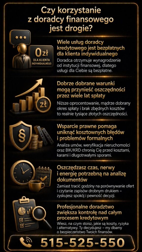 Konsultant finansowy wyjaśnia, dlaczego usługi doradcy kredytowego często są bezpłatne dla klienta indywidualnego. Infografika pokazuje oszczędności na kredycie hipotecznym, wsparcie prawne oraz analizę dokumentów i kosztów.