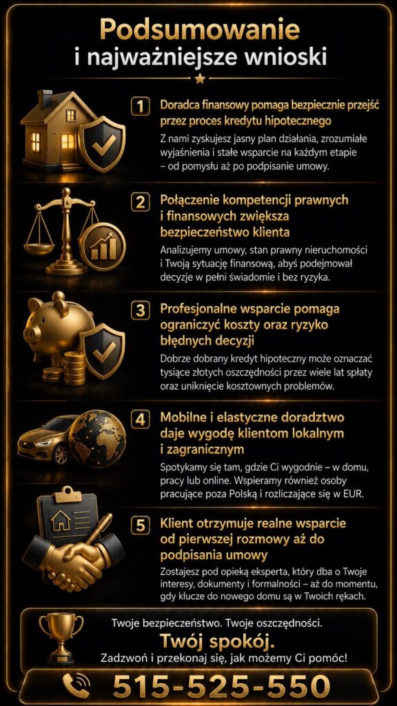 Ekspert finansowy podsumowuje najważniejsze korzyści współpracy przy kredycie hipotecznym i zakupie nieruchomości. Grafika przedstawia bezpieczeństwo decyzji, oszczędności, mobilne doradztwo oraz kompleksowe wsparcie klienta.