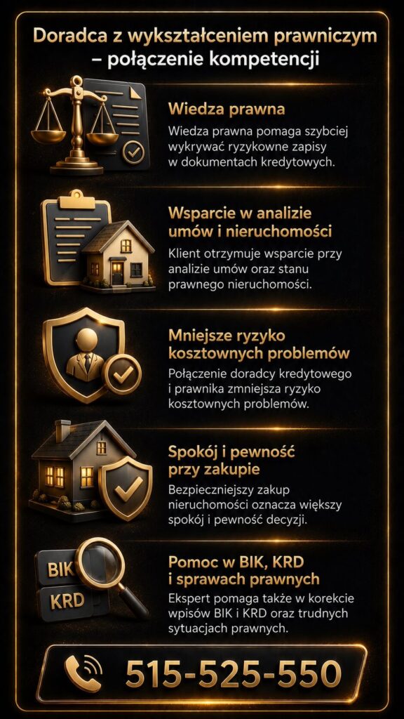 Doradca finansowy z wykształceniem prawniczym wspiera klientów w analizie umów, nieruchomości oraz wpisów BIK i KRD. Grafika pokazuje połączenie wiedzy finansowej i prawnej zwiększające bezpieczeństwo kredytu hipotecznego i zakupu domu.