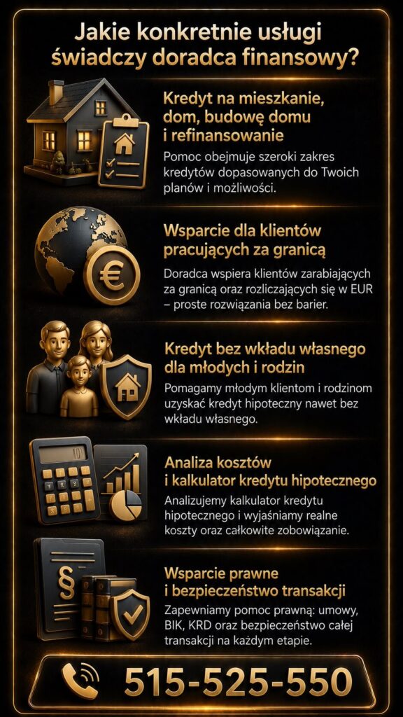 Doradca finansowy oferuje kredyt hipoteczny na mieszkanie, budowę domu i refinansowanie oraz wsparcie dla klientów pracujących za granicą. Infografika pokazuje analizę kosztów kredytu hipotecznego i bezpieczeństwo całej transakcji.