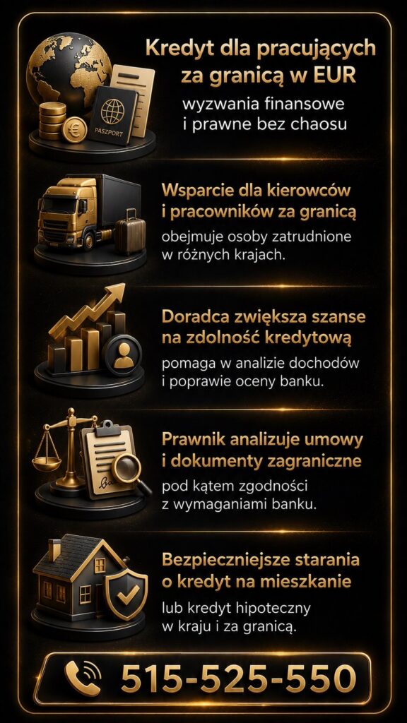 Ekspert finansowy i prawnik pomagają przy pożyczkach, konsolidacji zobowiązań oraz analizie wpisów BIK i KRD. Grafika przedstawia wsparcie w poprawie zdolności kredytowej, ograniczaniu rat oraz bezpiecznym podpisywaniu dokumentów finansowych i umów.