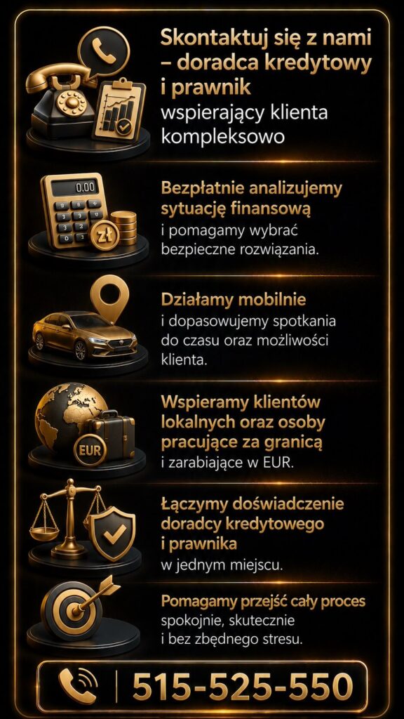 Bezpłatny doradca finansowy i prawnik oferują mobilne wsparcie przy kredycie hipotecznym, analizie zdolności kredytowej oraz dokumentów nieruchomości. Grafika przedstawia kompleksową pomoc klientom lokalnym i osobom pracującym za granicą w EUR.