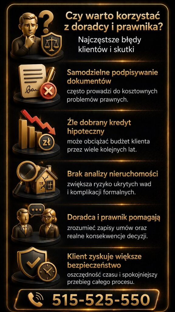 Mobilny doradca kredytowy i prawnik pomagają uniknąć błędów przy kredycie hipotecznym oraz zakupie nieruchomości. Grafika przedstawia analizę umów, ochronę klienta przed ryzykiem prawnym i większe bezpieczeństwo podczas podejmowania decyzji finansowych.