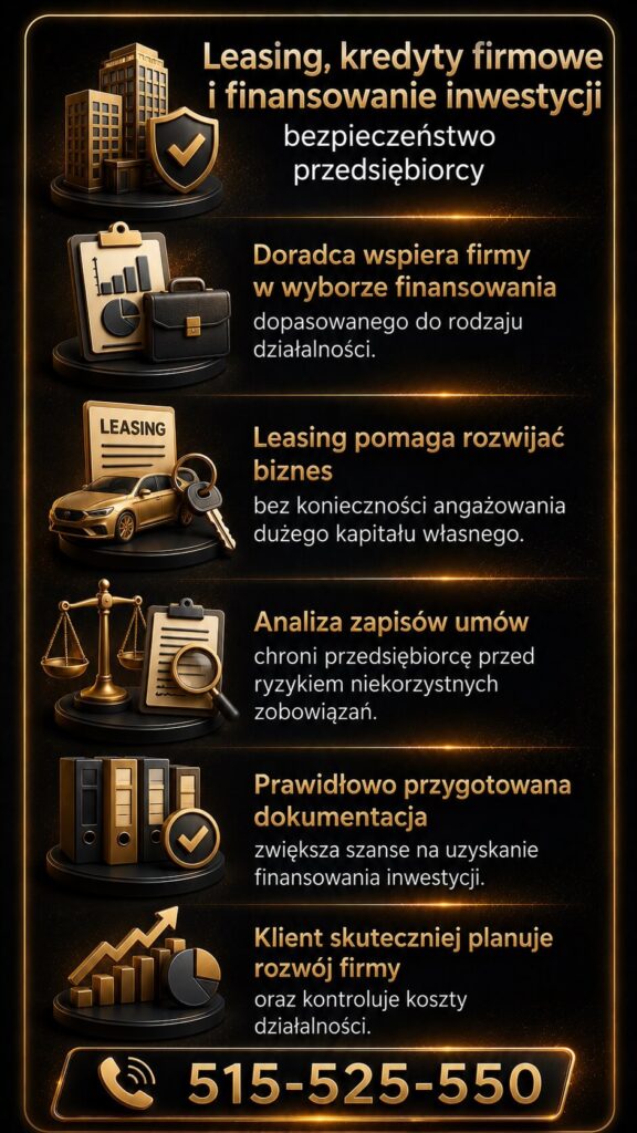 Doradca hipoteczny i prawnik wspierają przedsiębiorców przy leasingu, kredytach firmowych oraz finansowaniu inwestycji. Grafika pokazuje analizę dokumentacji, ocenę ryzyka prawnego i pomoc w planowaniu rozwoju firmy bez nadmiernych kosztów.