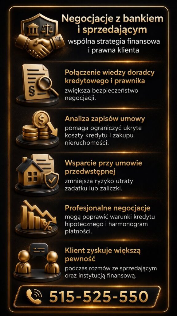 Ekspert kredytowy i prawnik wspierają klienta podczas negocjacji z bankiem oraz sprzedającym nieruchomość. Grafika pokazuje analizę umów, pomoc przy umowie przedwstępnej, poprawę warunków kredytu hipotecznego oraz zwiększenie bezpieczeństwa transakcji.