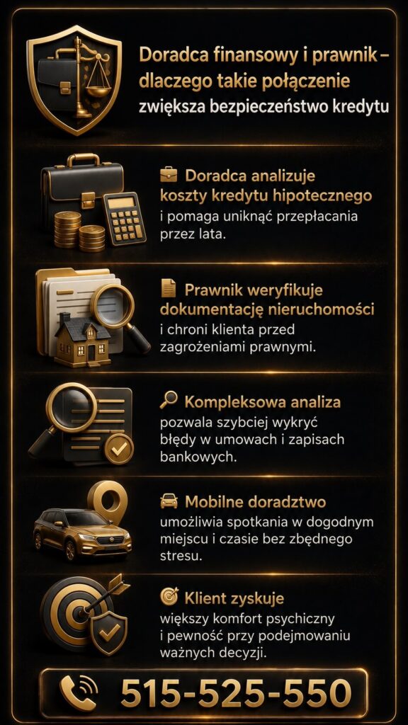 Doradca kredytowy prawnik jako podwójne bezpieczeństwo przy kredycie hipotecznym i zakupie nieruchomości. Grafika pokazuje analizę umów, wsparcie prawne, ocenę zdolności kredytowej oraz kompleksową pomoc klientowi na każdym etapie finansowania.