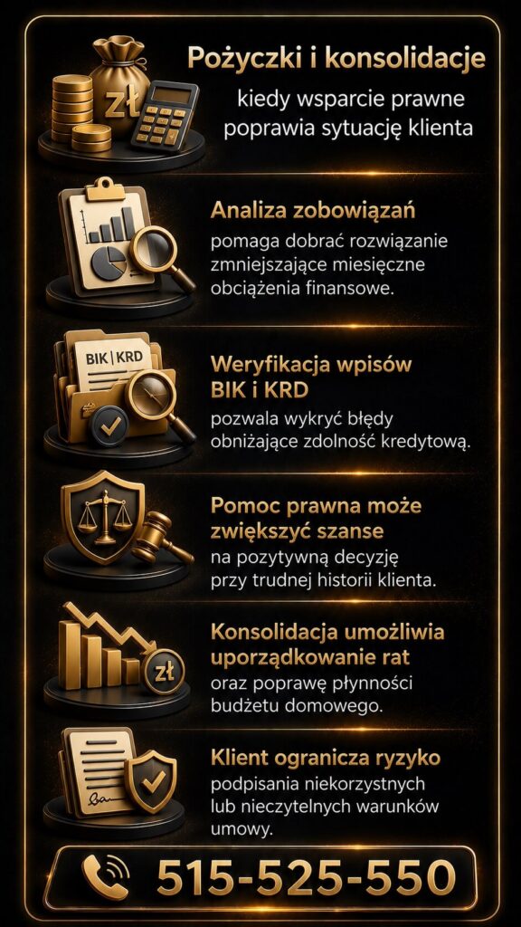 Ekspert finansowy i prawnik pomagają przy pożyczkach, konsolidacji zobowiązań oraz analizie wpisów BIK i KRD. Grafika przedstawia wsparcie w poprawie zdolności kredytowej, ograniczaniu rat oraz bezpiecznym podpisywaniu dokumentów finansowych i umów.