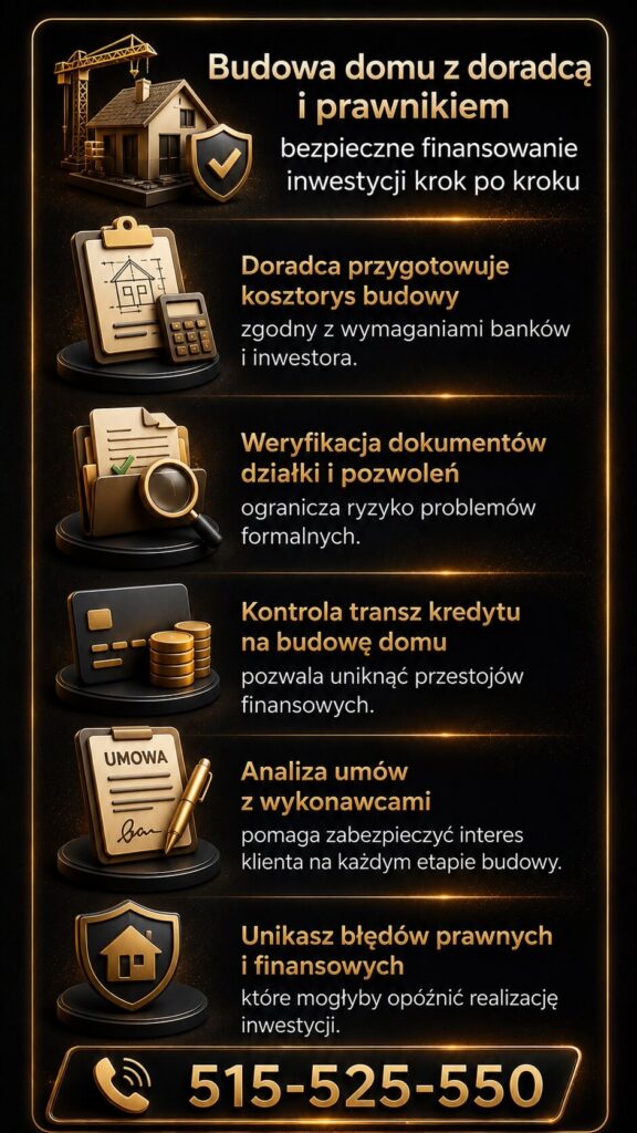 Doradca finansowy i prawnik pomagają bezpiecznie przejść proces budowy domu oraz finansowania inwestycji. Grafika przedstawia analizę kosztorysu, kontrolę dokumentów działki, weryfikację umów z wykonawcami oraz wsparcie przy kredycie na budowę domu.