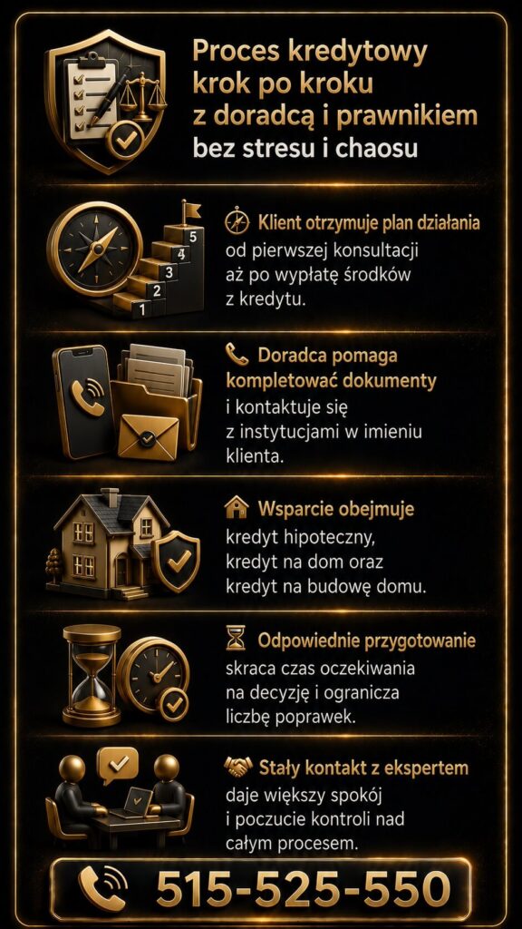 Doradca kredytowy prawnik prowadzi klienta przez cały proces kredytowy krok po kroku. Grafika pokazuje kompletowanie dokumentów, kontakt z instytucjami finansowymi, wsparcie przy kredycie hipotecznym oraz bezpieczne finansowanie budowy domu i mieszkania.